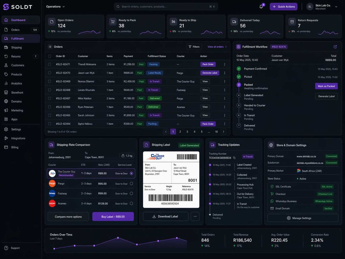 Dark SOLDT merchant operations dashboard with orders, fulfillment workflow, shipping labels, tracking updates, and store settings.